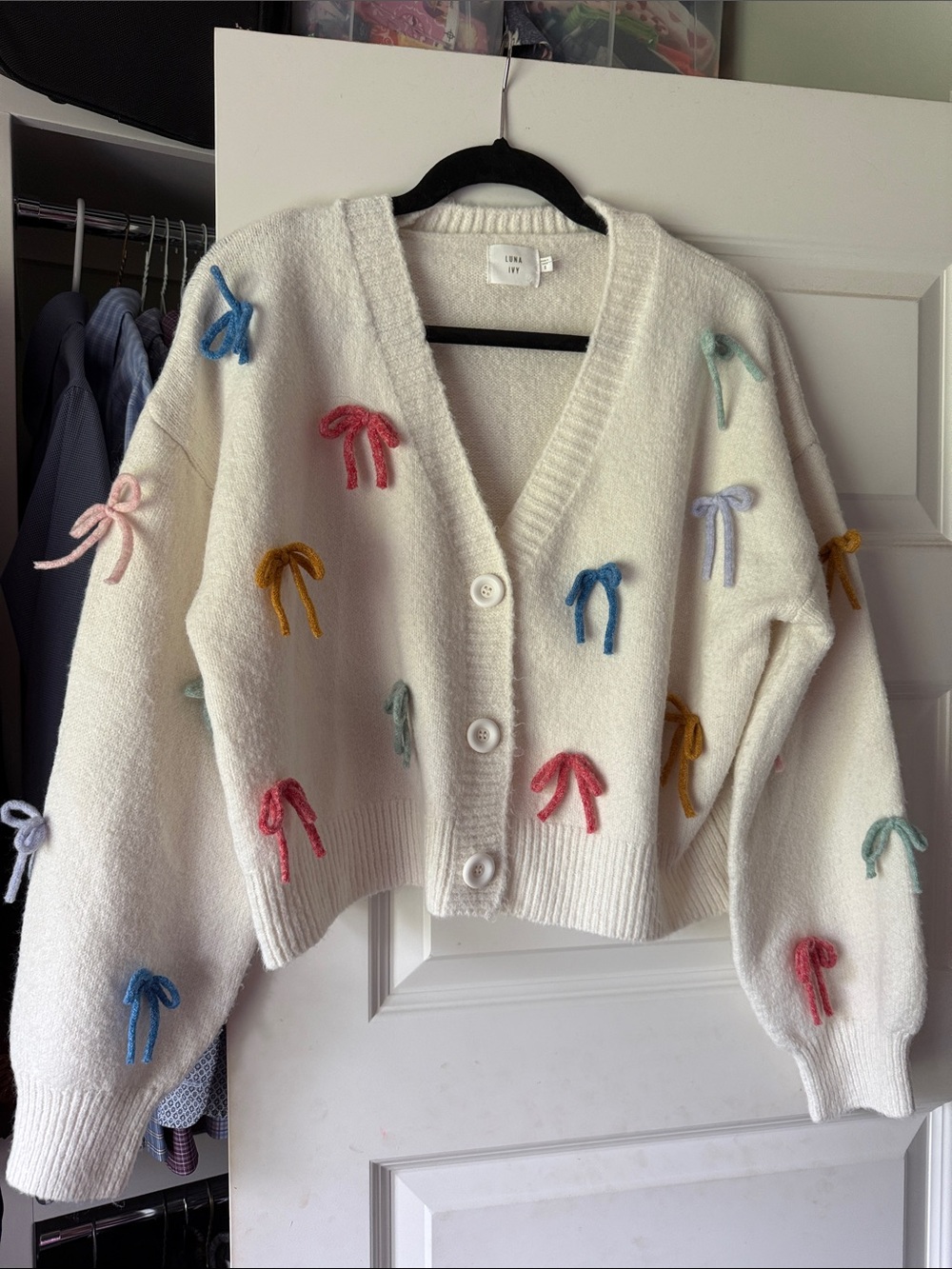 Cream V-Neck Bow-Appliqué Cardigan Sweater